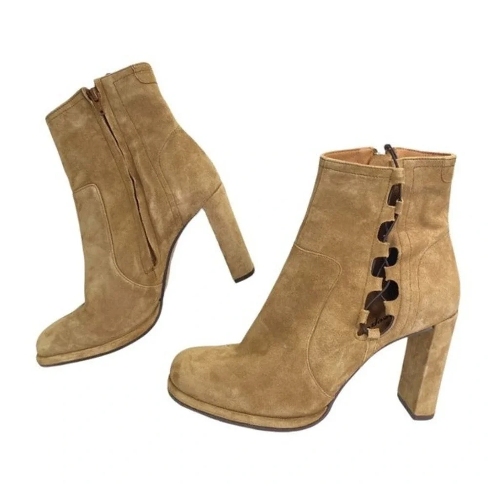 Free People Cecile Ankle Boots Suede Lace Up Side Block Heel Tan Camel Size 41